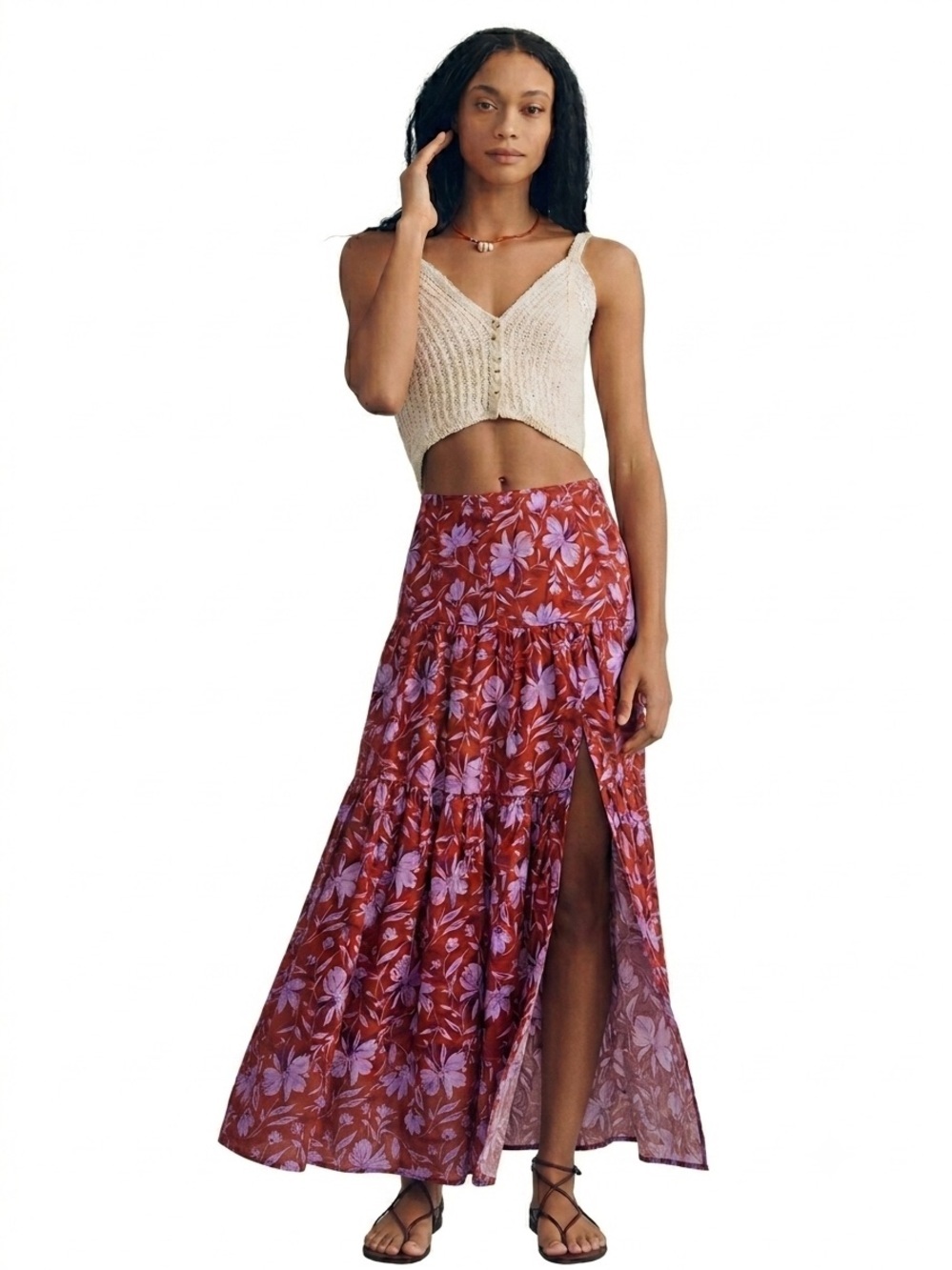 WAYF New Floral Maxi Tiered Skirt Side Slit S Boho Red Violet Cotton Long Summer